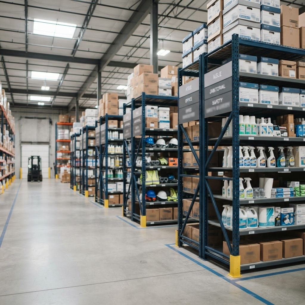Warehouse stocked with office, janitorial, and safety supplies